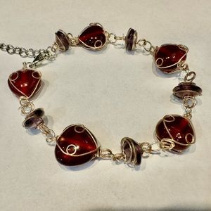 Beautiful red and purple wire wrap silver bracelet
